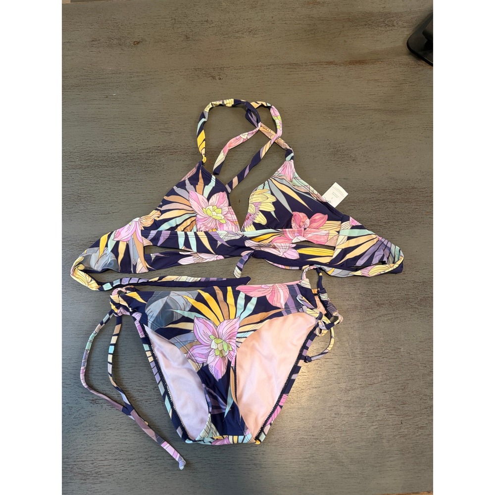 Kona Sol Tropical Floral Bikini Set Navy Blue Pink Yellow Two Piece Swimsuit S